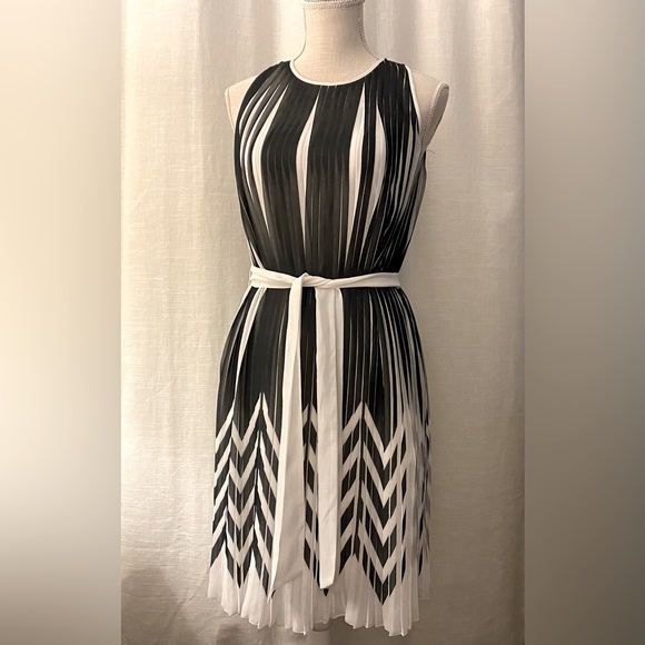 Banana Republic Black and White Pleated Dress with Tie - Size Petite 00 - Picture 1 of 5